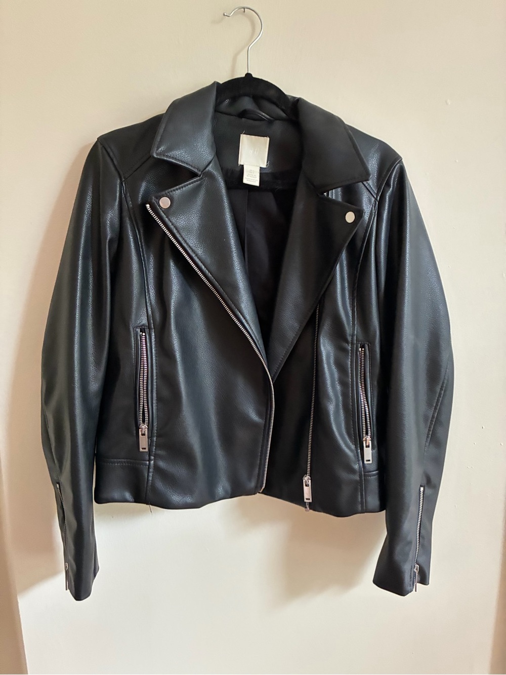 H&M Black Faux Leather Moto Jacket with Silver Hardware